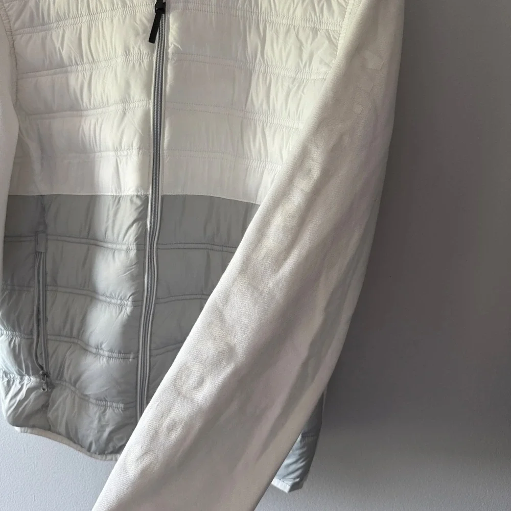 Michael Kors Mens Hybrid Quilted Puffer Fleece Zip Up Hoodie Jacket White Grey M